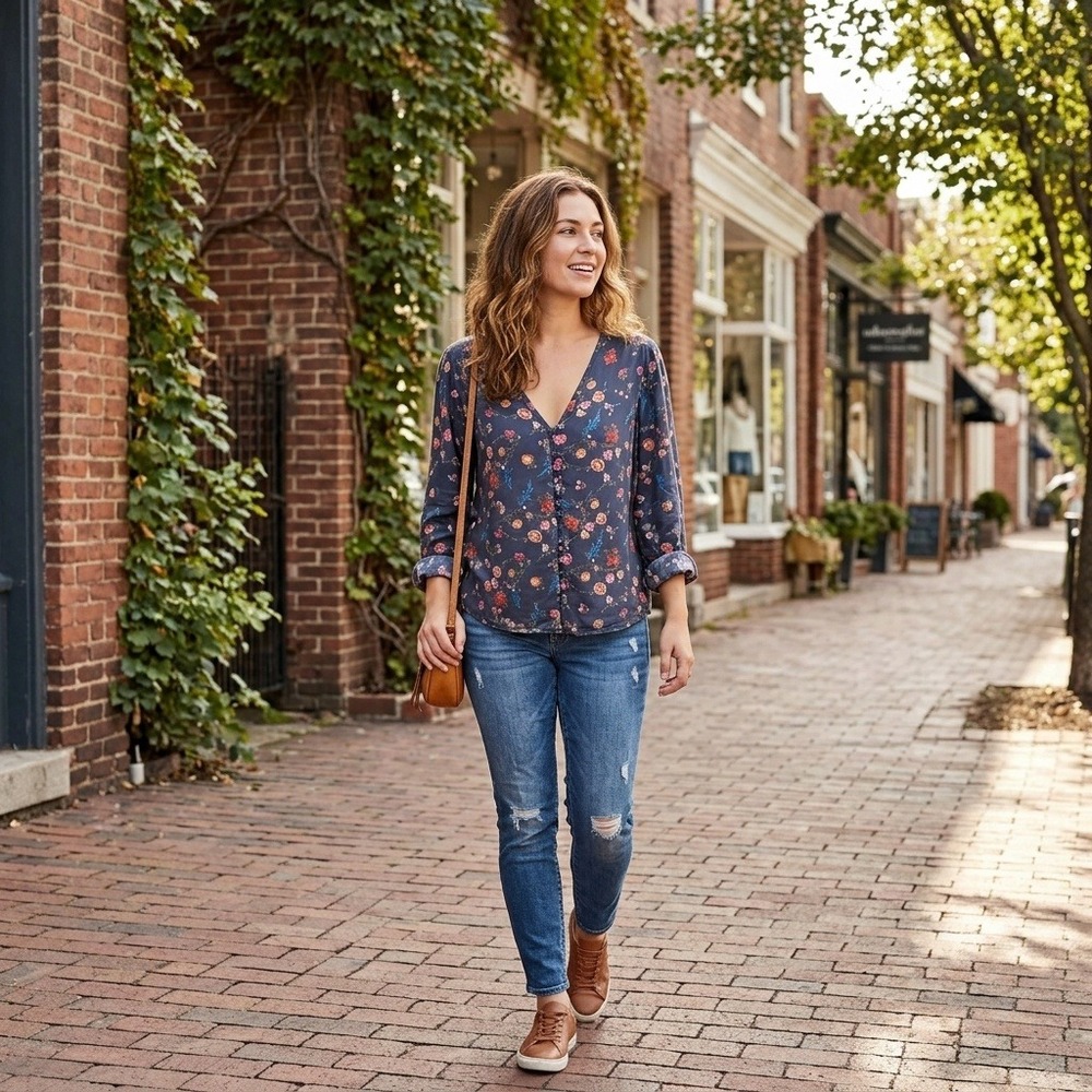 Lucky Brand Floral Blouse Womens Navy Blue V-Neck Button Front Boho Top Size M